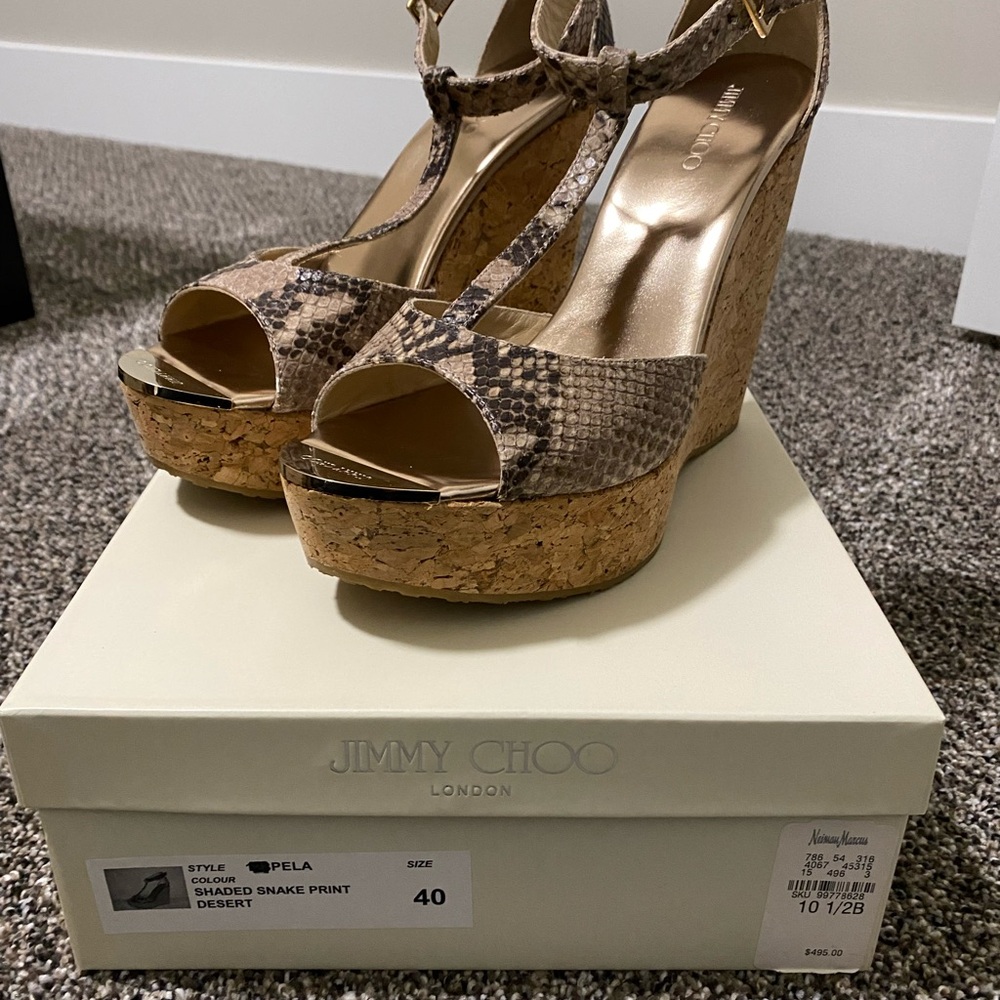 Jimmy Choo Snake Print Wedge Sandals with Ankle Strap